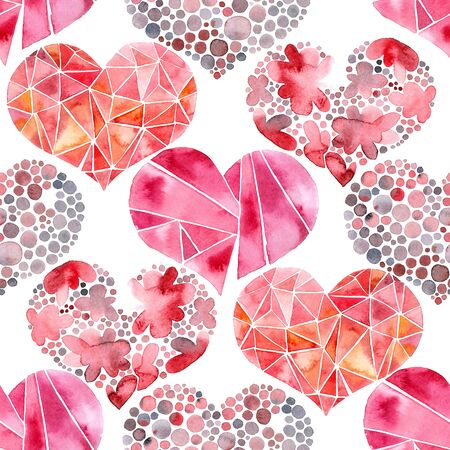 Watercolor painted hearts. Hand drawn. For Valentines Day or wedding. Seamless pattern.の写真素材