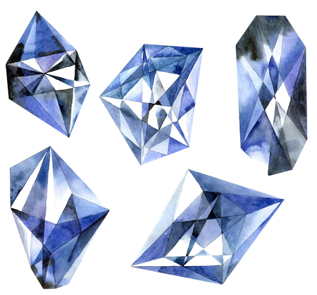 Watercolor illustration of diamond crystals. Blue diamonds.の写真素材