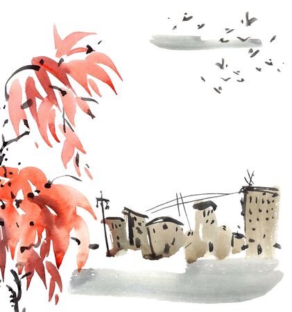 Waatercolor painted landscape in oriental chinese style. Old town and mountains.の写真素材