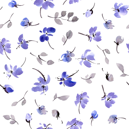 Watercolor and ink illustration of red flowers. Sumi-e, u-sin painting. Seamless pattern.の写真素材