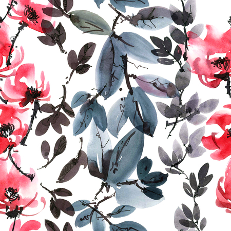Watercolor and ink illustration of red flowers. Sumi-e, u-sin painting. Seamless pattern.の写真素材