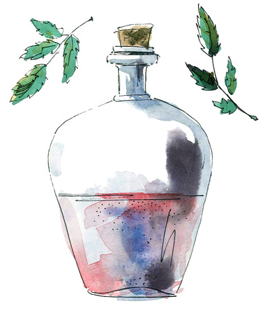 Watercolor and ink pen illustration of botttle with rose wine. Hand drawn.の写真素材