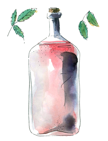 Watercolor and ink pen illustration of botttle with rose wine. Hand drawn.の写真素材