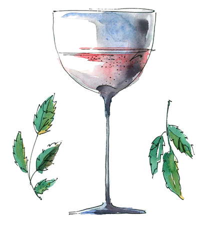 Watercolor and ink pen illustration of glass with rose wine. Hand drawn.の写真素材