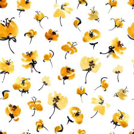 Watercolor and ink illustration of yellow flowers. Sumi-e, u-sin painting. Seamless pattern.の写真素材