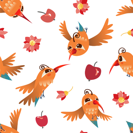 Flying birds with flowers and fruits. Vector illustration. Seamless pattern.のイラスト素材
