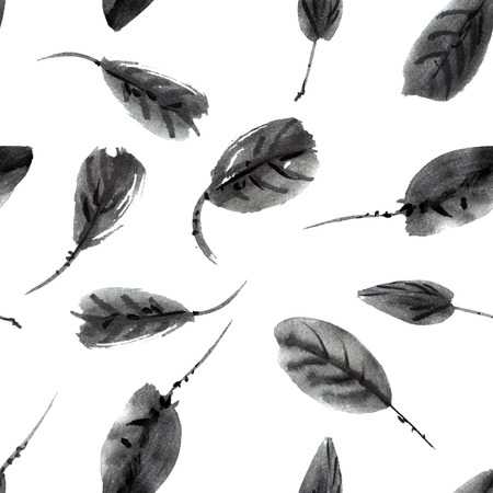 Watercolor and ink illustration of tree with leaves. Sumi-e, u-sin painting. Seamless pattern.の写真素材