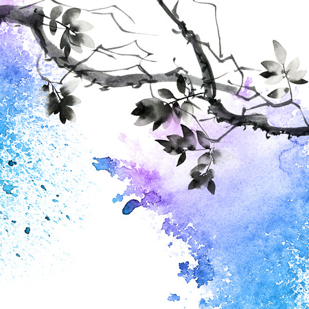 Watercolor and ink painted tree with watersplashの写真素材