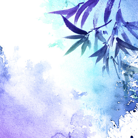 Watercolor and ink illustration of tree foliage in style sumi-e, u-sin. Oriental traditional painting. Background for decorative card, invitation or coverの写真素材