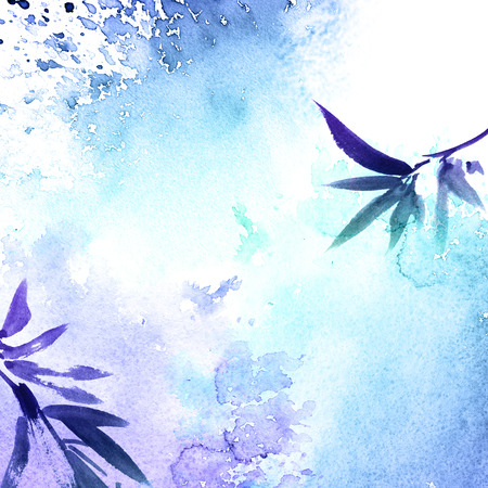 Watercolor and ink illustration of tree foliage in style sumi-e, u-sin. Oriental traditional painting. Background for decorative card, invitation or coverの写真素材