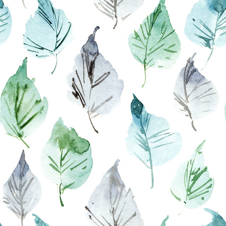 Watercolor and ink illustration of birch tree leaves, sumi-e and u-sin painting, seamless patternの写真素材