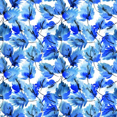 Watercolor and ink illustration of maple tree leaves. Sumi-e and u-sin oriental traditional painting. Seamless pattern.の写真素材