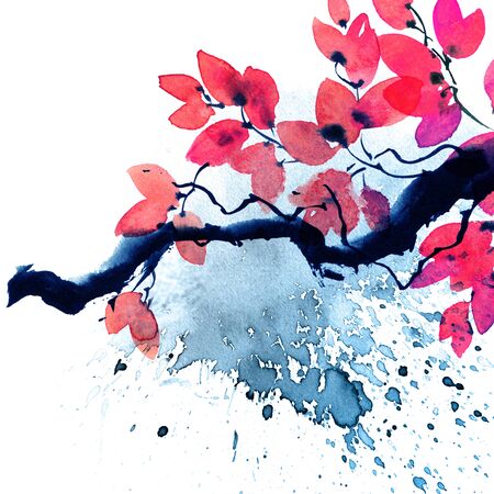 Watercolor and ink illustration of tree leaves branch on white background with grunge color watersplashes, sumi-e and u-sin oriental traditional paintingの写真素材