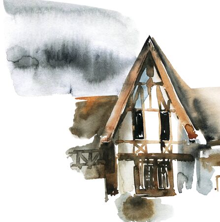 Watercolor painted sketch of fachwerk house and sky on the background. Traditional German architecture.の写真素材
