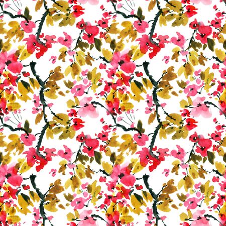 Watercolor and ink illustration of sakura tree with flowers and leaves. Oriental traditionalpainting in style sumi-e, u-sin and gohua. Seamless pattern.の写真素材