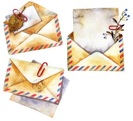 Watercolor panted illustration of the retro paper envelopes with paper clip, plant herbarium and paper sheetの写真素材