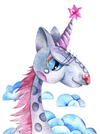 Watercolor illustration of unicorn with clouds on white backgroundの写真素材