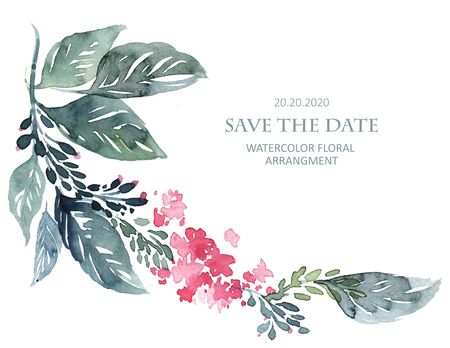 Watercolor floral arrangment - flowers, buds and leaves. Decorative botanical illustrations.の写真素材