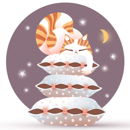Sleeping cat on pillows. Cute vector illustration. Night sky on background.のイラスト素材