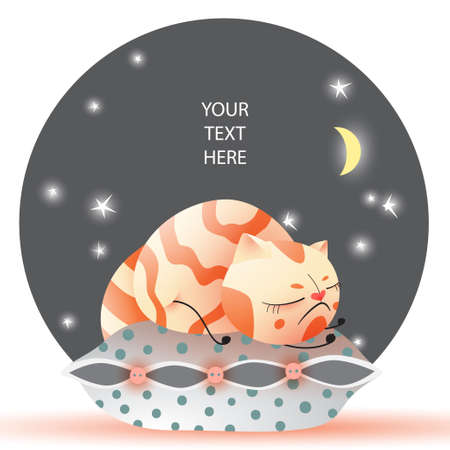Cute illustration of sleeping cat on a pillow. Dark night sky with moon and stars. Vector  format.のイラスト素材