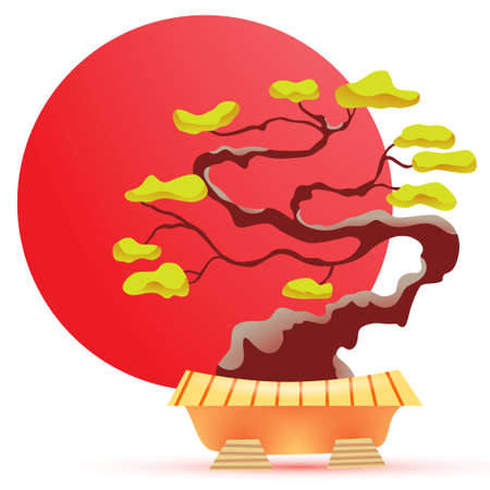 Vector illustrations of bansai tree and red circle on white background. Illustration in japanese style. Vector eps10 format.のイラスト素材