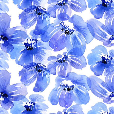 Watercolor and ink illustration of flowers and buds. Oriental traditional painting in style sumi-e, u-sin and gohua. Seamless pattern.の写真素材