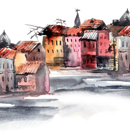 Watercolor painted illustration of old town - buildings and road.の写真素材