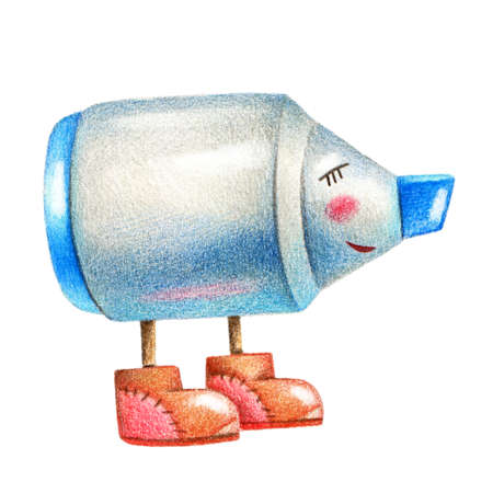 Cute illustration of blue felt-tip pen with boots. Drawing in original style by colored pencils.の写真素材