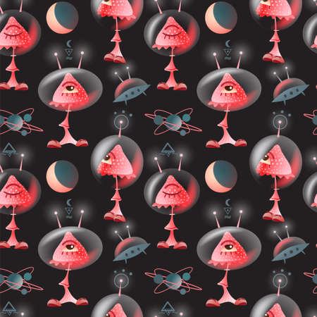 Fantastic set of mushrooms, moon, planets and aliens shuttle on dark night background. Vector seamless pattern.のイラスト素材