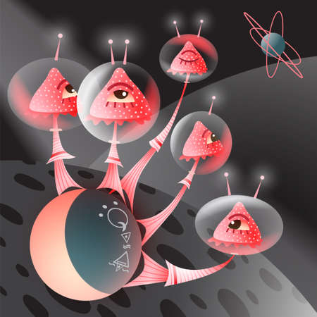 Fantastic mushrooms on the moon and other planets in a space. Vector illustration.のイラスト素材