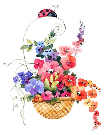 Cute illustration of flowers in basket and ladybug. Design for greeting card. Drawing by watercolor.の写真素材