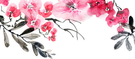 Watercolor illustration of blossom tree with pink flowers, buds and leaves. Oriental traditional painting in style sumi-e, u-sin and gohua. Horizontal background for greeting card, invitation or cover.の写真素材