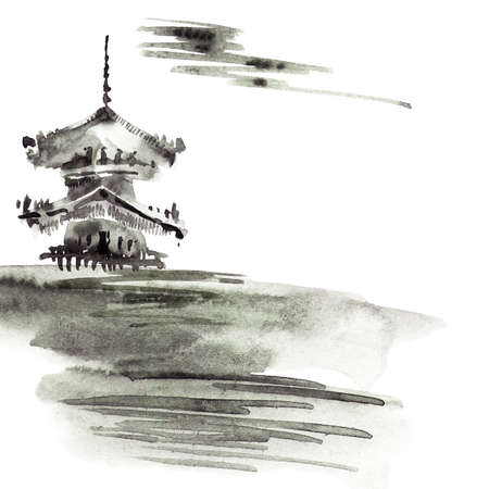 Traditional pagoda and cloudy sky on white background. Watercolor illustration in sumi-e style. Oriental traditional painting.の写真素材