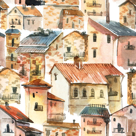 Old city - watercolor illustration of houses on white background. Seamless pattern.の写真素材