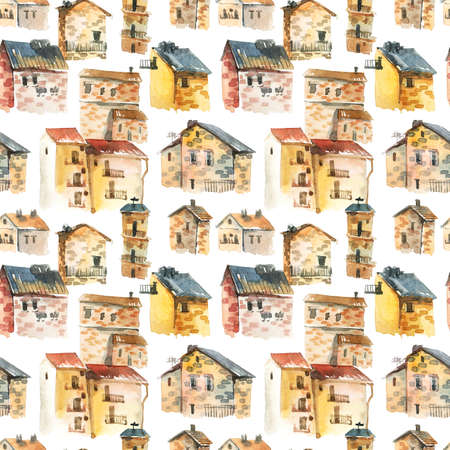 Old city - watercolor illustration of houses on white background. Seamless pattern.の写真素材