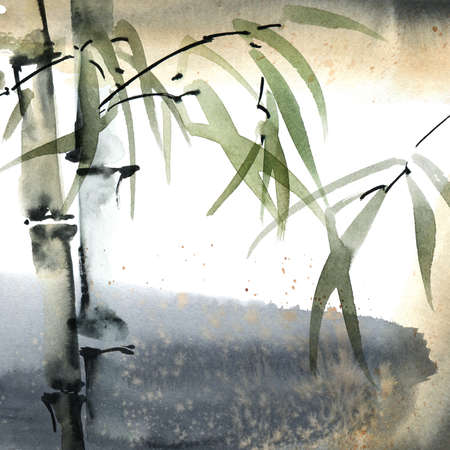 Watercolor illustration of bamboo with leaves and watersplashes on white background. Oriental traditional painting, sumi-e.の写真素材