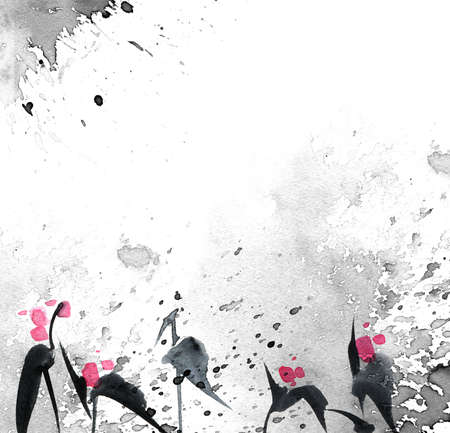 Watercolor and ink illustration of pink flowers on grunge texture background. Oriental traditional painting in style sumi-e, u-sin and gohua. Design element for greeting card, invitation or cover.の写真素材