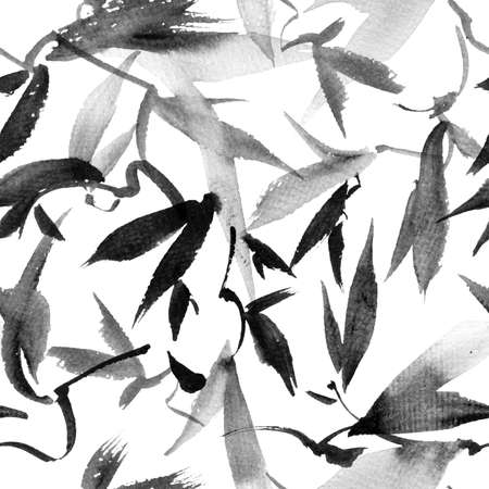 Watercolor and ink illustration of tree foliage - grayscale leaves on white background. Seamless pattern. Oriantal traditional painting in style sumi-e or gohua.の写真素材