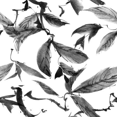 Watercolor and ink illustration of tree branch with leaves - grayscale painting on white background. Seamless pattern. Oriental traditional painting in style sumi-e or gohua.の写真素材
