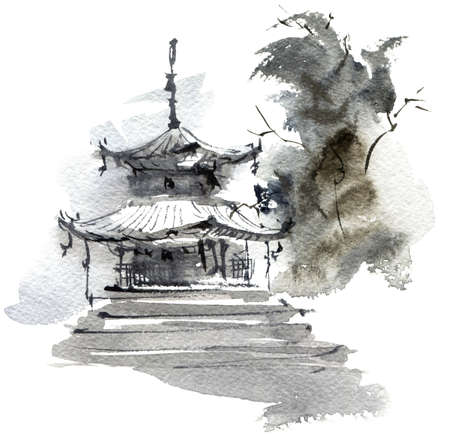 Traditional chinese landscape with pagoda building and tree. Artistic painting by ink and watercolor in sumi-e style.の写真素材