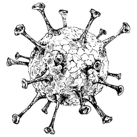Hand-drawn vector illustration - sketch of  virus covid-19 molecule. Black ink drawing on white background.のイラスト素材