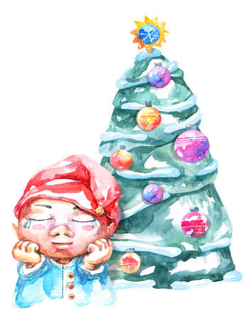 Watercolor illustration of elf boy with closed eyes in a red cap with a bell and christmas tree on white backgroundの写真素材