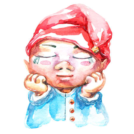 Watercolor illustration of elf boy with closed eyes in a red cap with a bell on white backgroundの写真素材