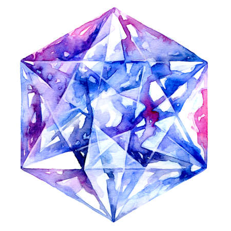 Watercolor illustration of blue crystal on white background