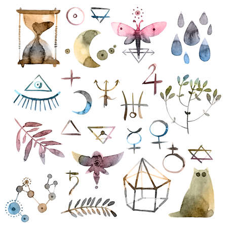 Set of alchemy symbols - watercolor and ink illustration in vintage styleの写真素材