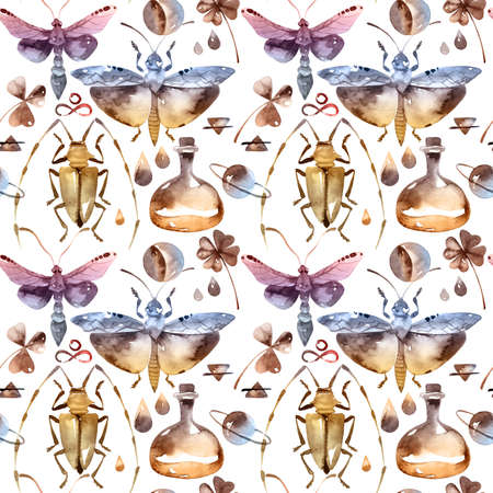 Watercolor seamless pattern in vintage style of alchemy objects and signs on white backgroundの写真素材