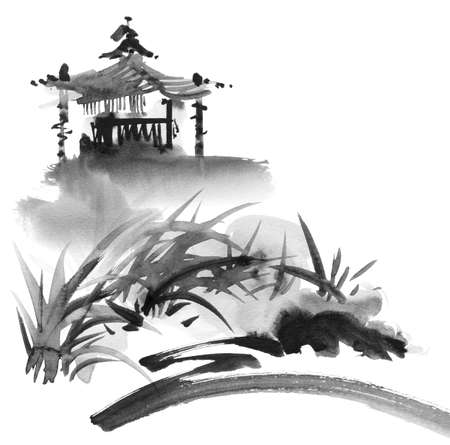 Ink painting of landscape with pagoda and some greenery. Oriental traditional painting in style sumi-e.の写真素材
