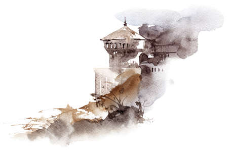 Watercolor landscape with a castle - modern style artの写真素材
