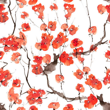 Watercolor and ink illustration of blossom sakura tree with flowers, oriental traditional sumi-e painting, seamless patternの写真素材