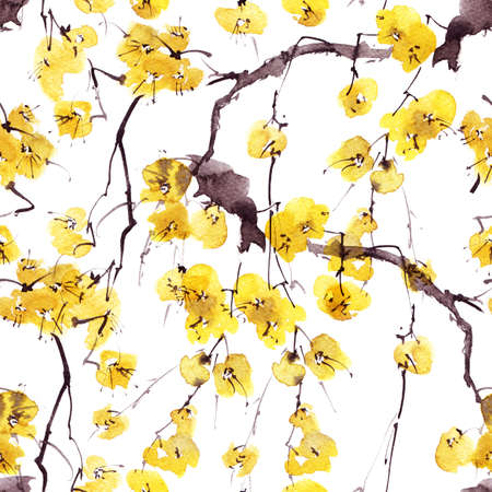 Watercolor and ink illustration of blossom plum tree with flowers, oriental traditional sumi-e painting, seamless patternの写真素材